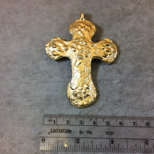 Heavy Rustic/Textured Cross Shaped Light Gold Plated Brass Pendant with Attached Ring  - Measuring 60mm x 82mm, Approx. - Sold Individually
