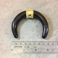 3" Jet Black Double Ended Crescent Shaped Natural Horn Pendant with Fancy Gold Bail - Measuring 80mm x 64mm, Approximately