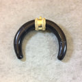 3" Jet Black Double Ended Crescent Shaped Natural Horn Pendant with Fancy Gold Bail - Measuring 80mm x 64mm, Approximately