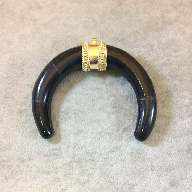 3" Jet Black Double Ended Crescent Shaped Natural Horn Pendant with Fancy Gold Bail - Measuring 80mm x 64mm, Approximately
