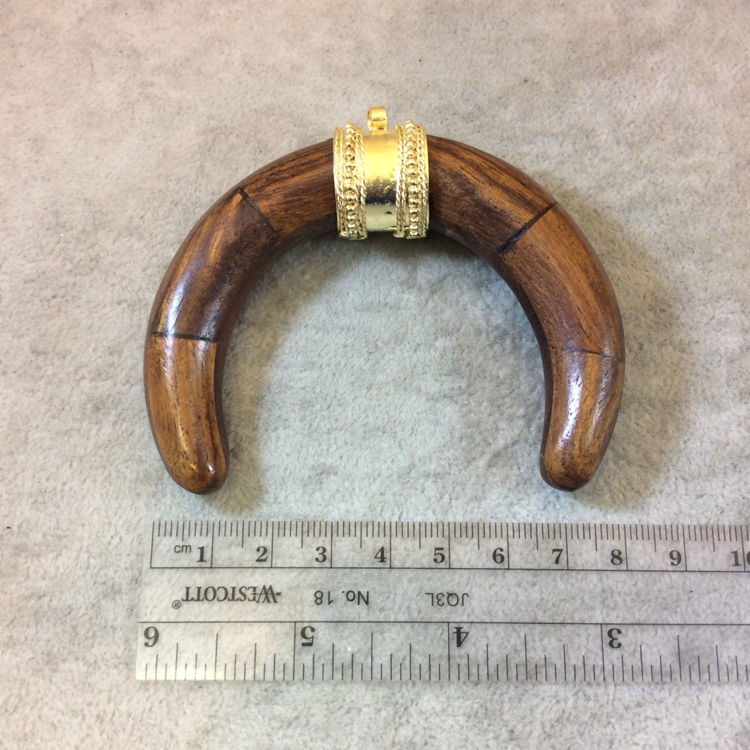 3" Medium Brown Double Ended Crescent Shaped Natural Wooden Pendant with Fancy Gold Bail - Measuring 80mm x 64mm, Approx.