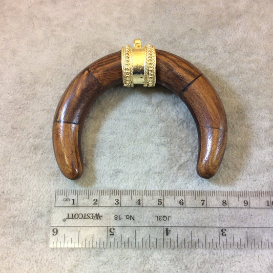 3" Medium Brown Double Ended Crescent Shaped Natural Wooden Pendant with Fancy Gold Bail - Measuring 80mm x 64mm, Approx.