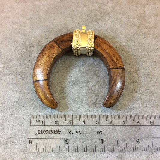 2.75" Medium Brown Double Ended Crescent Shaped Natural Wooden Pendant with Fancy Gold Bail - Measuring 70mm x 60mm, Approx.