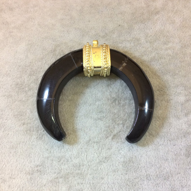 2.75" Black Double Ended Crescent Shaped Natural Horn Pendant with Fancy Gold Bail - Measuring 70mm x 60mm, Approx.