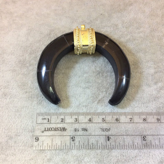 2.75" Black Double Ended Crescent Shaped Natural Horn Pendant with Fancy Gold Bail - Measuring 70mm x 60mm, Approx.