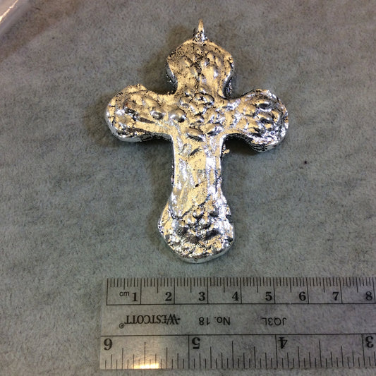 Heavy Rustic Cross Shape Oxidized Silver Plated Brass Pendant with Attached Ring  - Measuring 60mm x 82mm, Approximately - Sold Individually