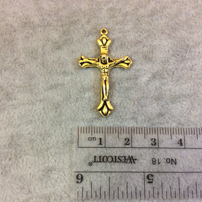 Oxidized Gold Plated Detailed Cross/Crucifix Shaped Copper Rosary Pendant  - Measuring 21mm x 37mm, Approximately - Sold Individually