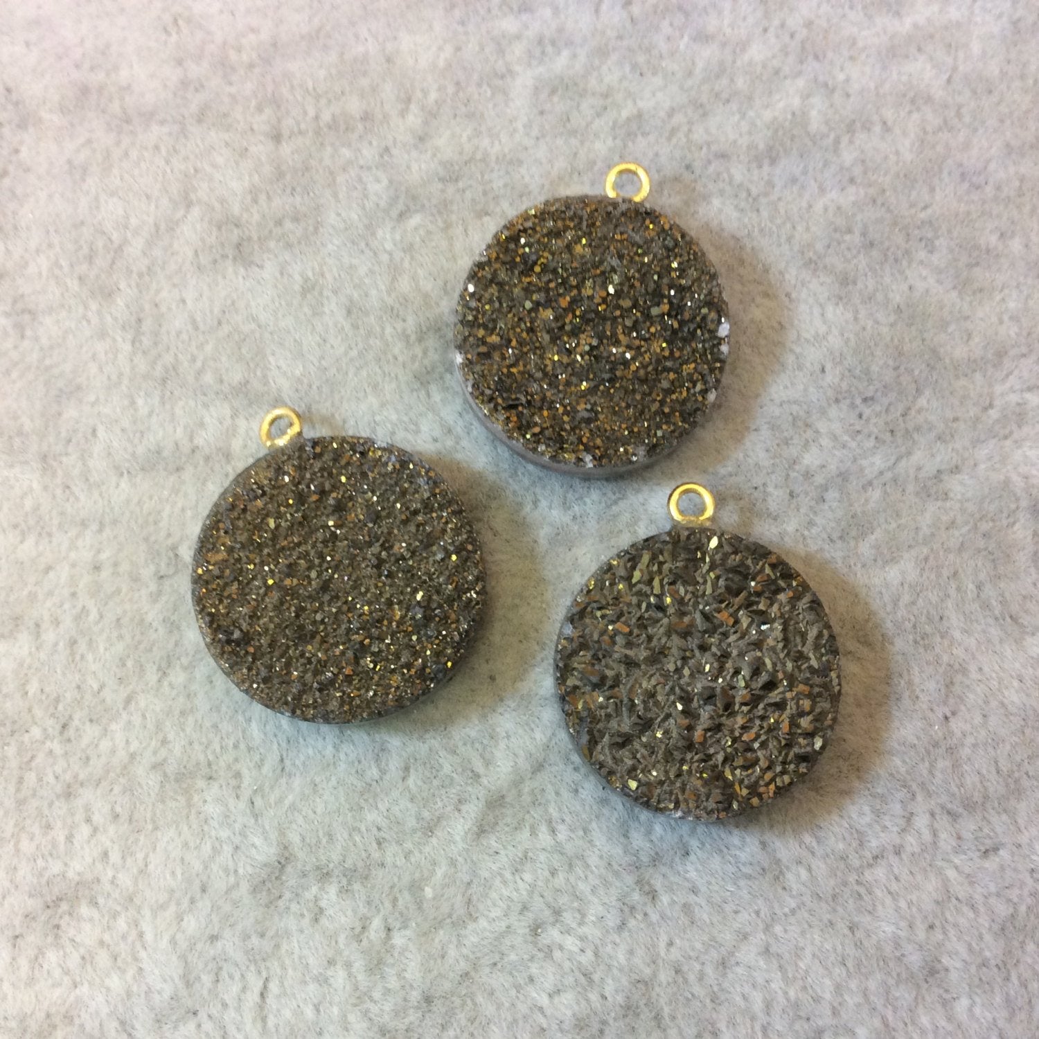 Bronze Colored Round/Coin Shaped Resin Druzy Focal Pendant - Measuring 20mm x 20mm, Approximately - Sold Individually, Randomly Selected