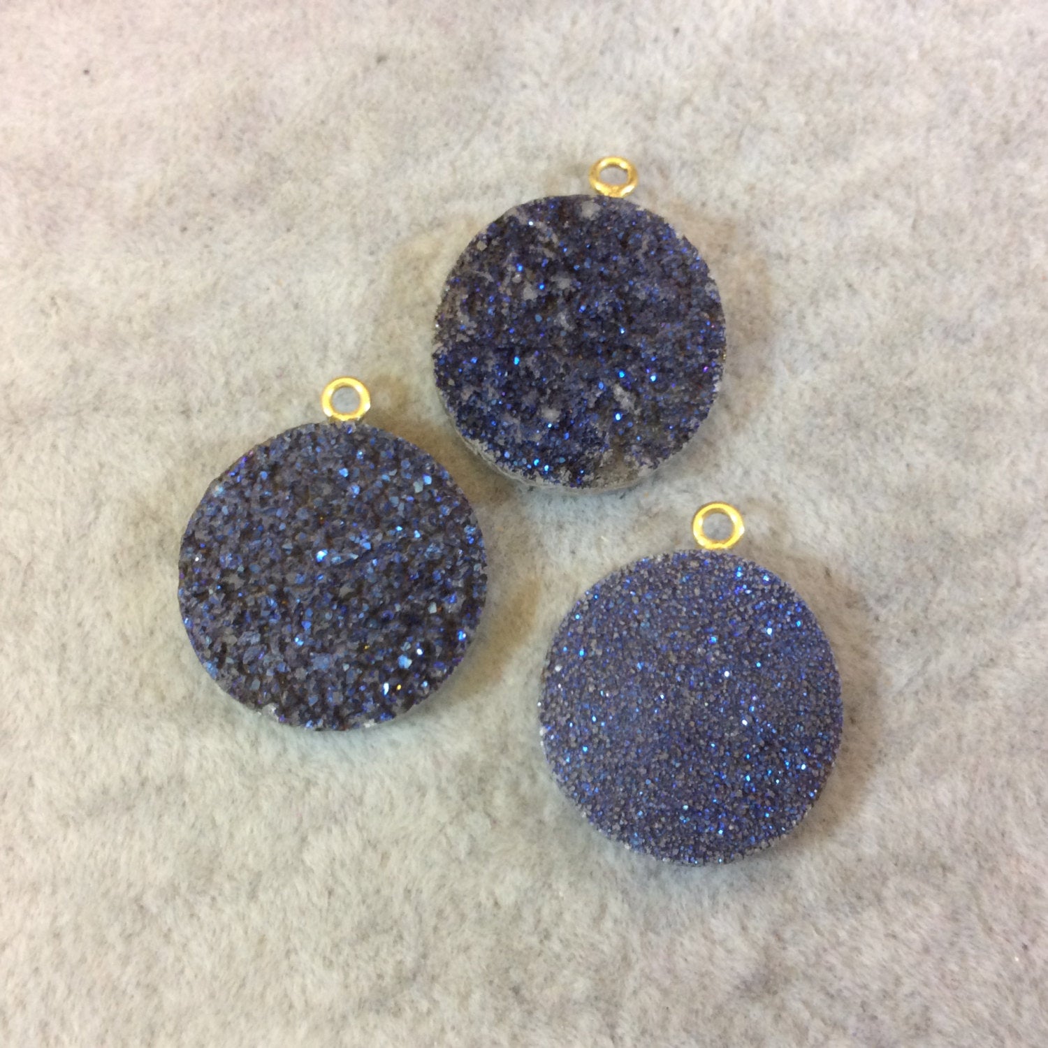 Blue Colored Round/Coin Shaped Resin Druzy Focal Pendant - Measuring 20mm x 20mm, Approximately - Sold Individually, Randomly Selected