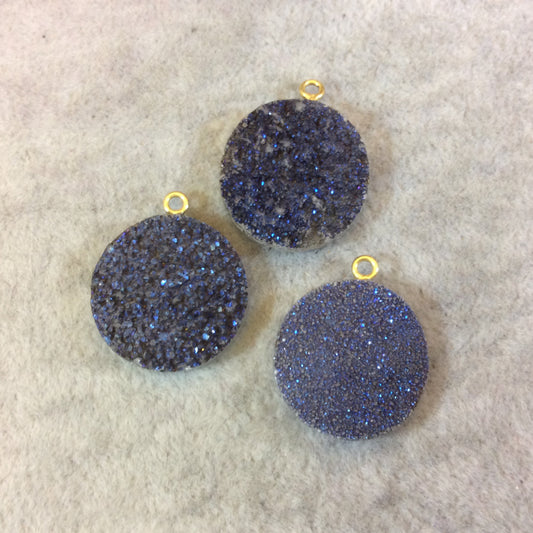 Blue Colored Round/Coin Shaped Resin Druzy Focal Pendant - Measuring 20mm x 20mm, Approximately - Sold Individually, Randomly Selected