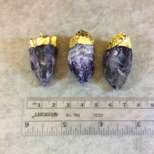 Gold Finish Electroplated Rough Natural Purple Amethyst Nugget/Chunk Pendant - Measuring 20mm x 40mm, Approx. - Sold Individually, Random