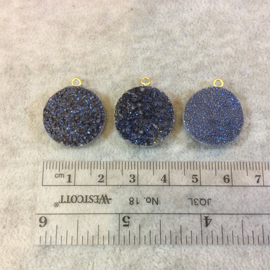 Blue Colored Round/Coin Shaped Resin Druzy Focal Pendant - Measuring 20mm x 20mm, Approximately - Sold Individually, Randomly Selected