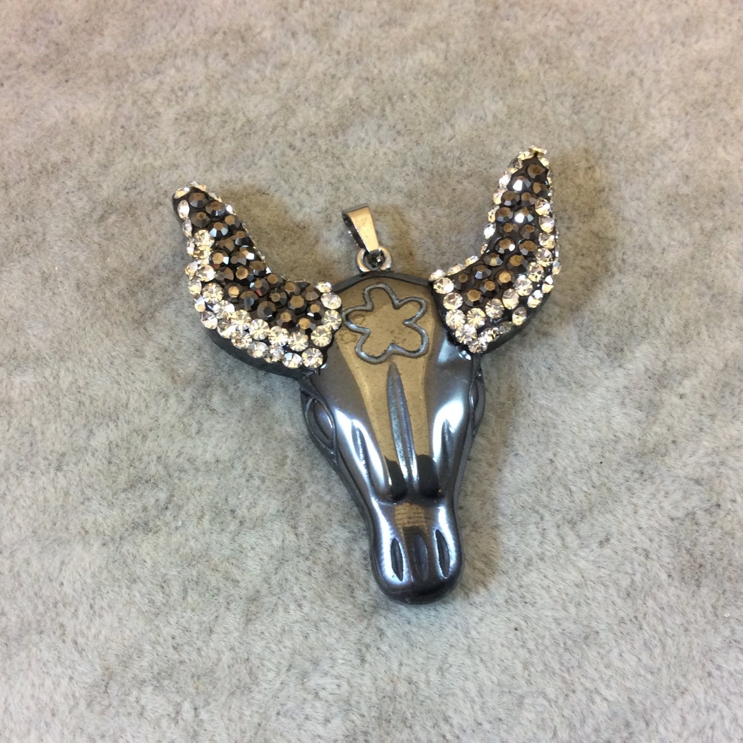 Rhinestone Encrusted Steer/Bull Skull Shaped Hematite Pendant With Bail - Measuring 40mm x 46mm, Approximately - Sold Individually