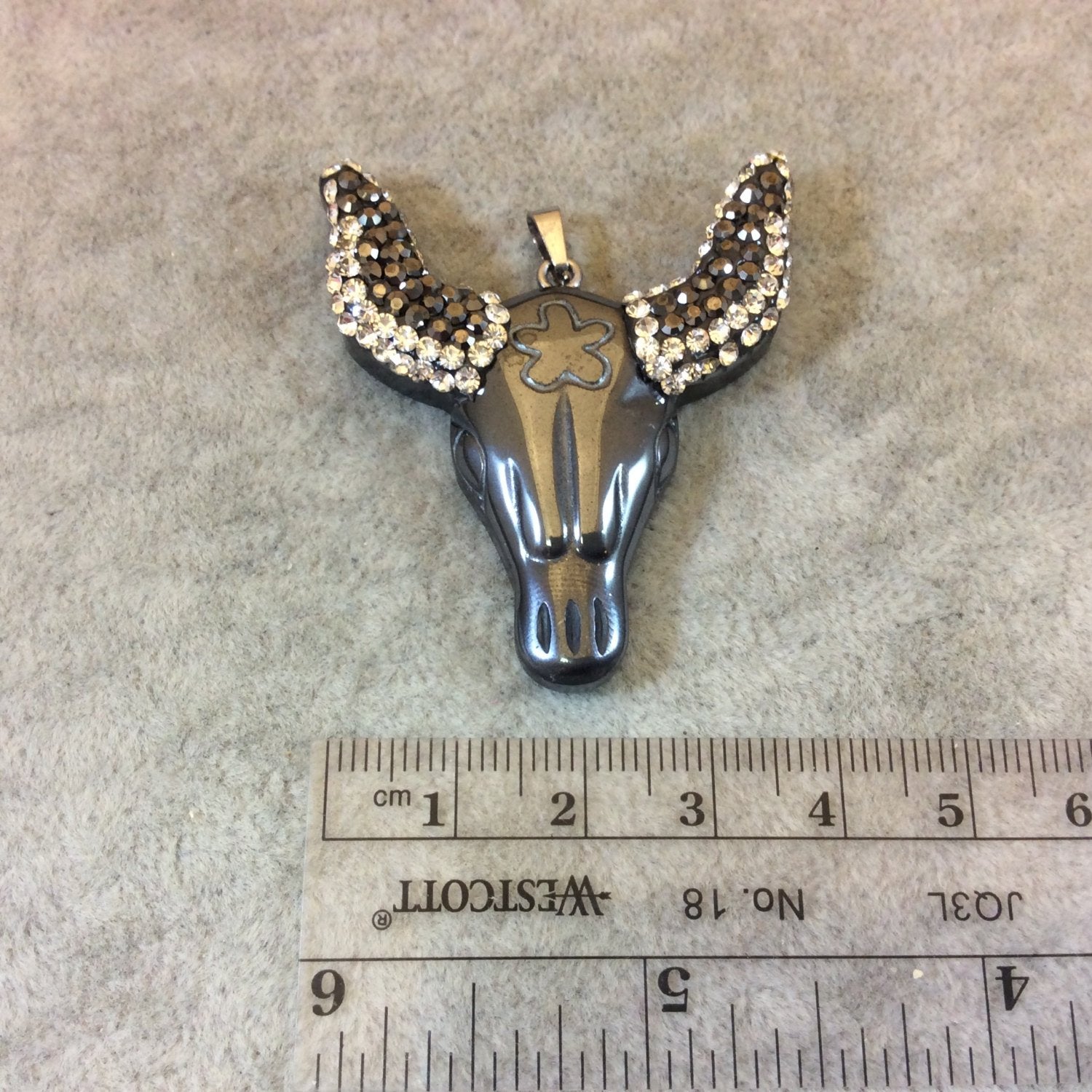 Rhinestone Encrusted Steer/Bull Skull Shaped Hematite Pendant With Bail - Measuring 40mm x 46mm, Approximately - Sold Individually