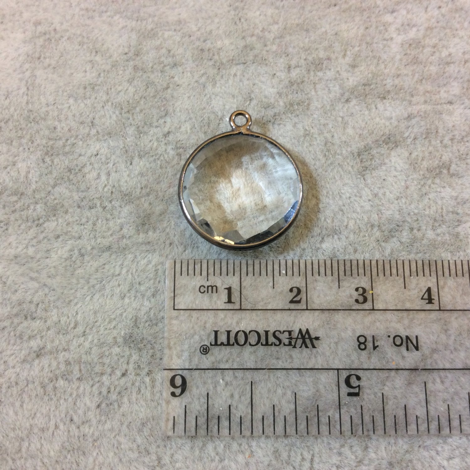 Gunmetal Plated Faceted Clear Hydro (Lab Created) Quartz Round/Coin Shaped Bezel Pendant - Measuring 18mm x 18mm - Sold Individually