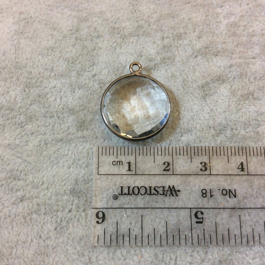 Gunmetal Plated Faceted Clear Hydro (Lab Created) Quartz Round/Coin Shaped Bezel Pendant - Measuring 18mm x 18mm - Sold Individually