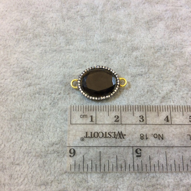 Gold Finish Faceted CZ Rimmed Smoky Quartz Oblong Oval Shaped Bezel Connector Component - Measures 13mm x 16mm - Sold Individually