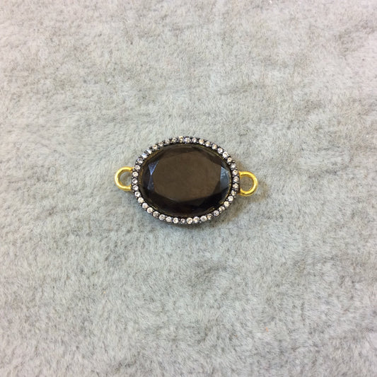 Gold Finish Faceted CZ Rimmed Smoky Quartz Oblong Oval Shaped Bezel Connector Component - Measures 13mm x 16mm - Sold Individually