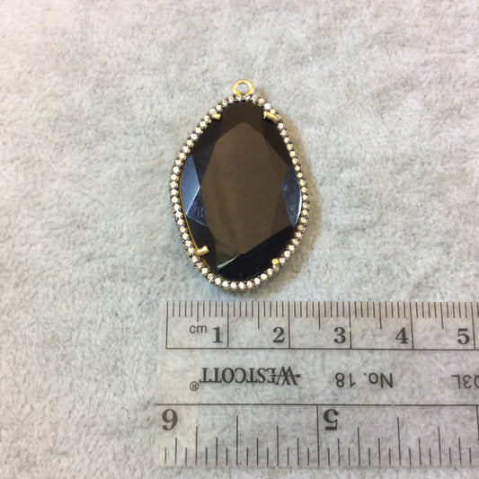 Gold Finish Faceted CZ Cubic Zirconia Rimmed Black Onyx Freeform Shaped Bezel Pendant Component - Measures 20mm x 30mm
