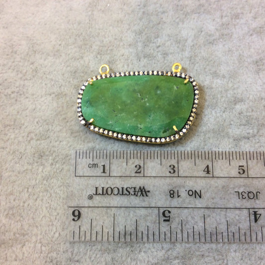 Gold Finish Faceted CZ Rimmed Chrysoprase Freeform Shaped Bezel Pendant/Connector Component - Measures 34mm x 19mm - Sold Individually
