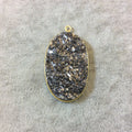 Gold Finish Natural Raw Black Biotite Mica Druzy Vertical Oval Shaped Bezel Pendant Component - Measures 22mm x 36mm - Sold Individually