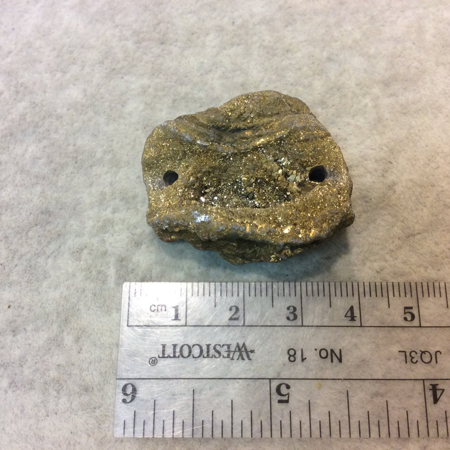 OOAK Metallic Gold Freeform Oval Shaped Chalcedony Galaxy Druzy Dual Drilled Connector Slab Bead "AA"- Measuring 32mm x 38mm, Approximately