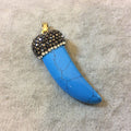 Rhinestone Encrusted Tusk/Claw Shaped Teal Howlite Pendant with Attached Bail - Measuring 17mm x 50mm, Approx. - Sold Individually