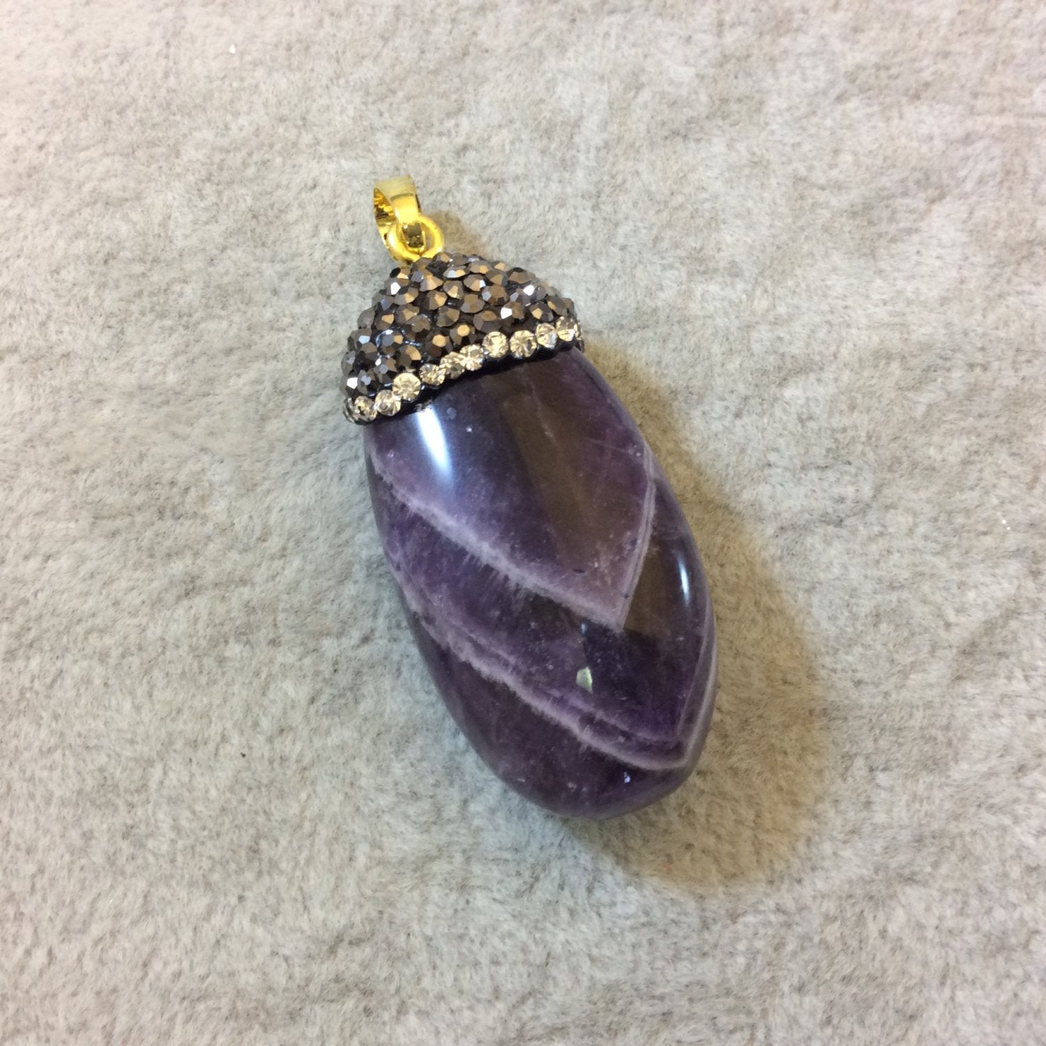 Rhinestone Encrusted Smooth Natural Amethyst Nugget Pendant with Attached Bail - Measuring 20mm x 45mm, Approx. - Sold Individually
