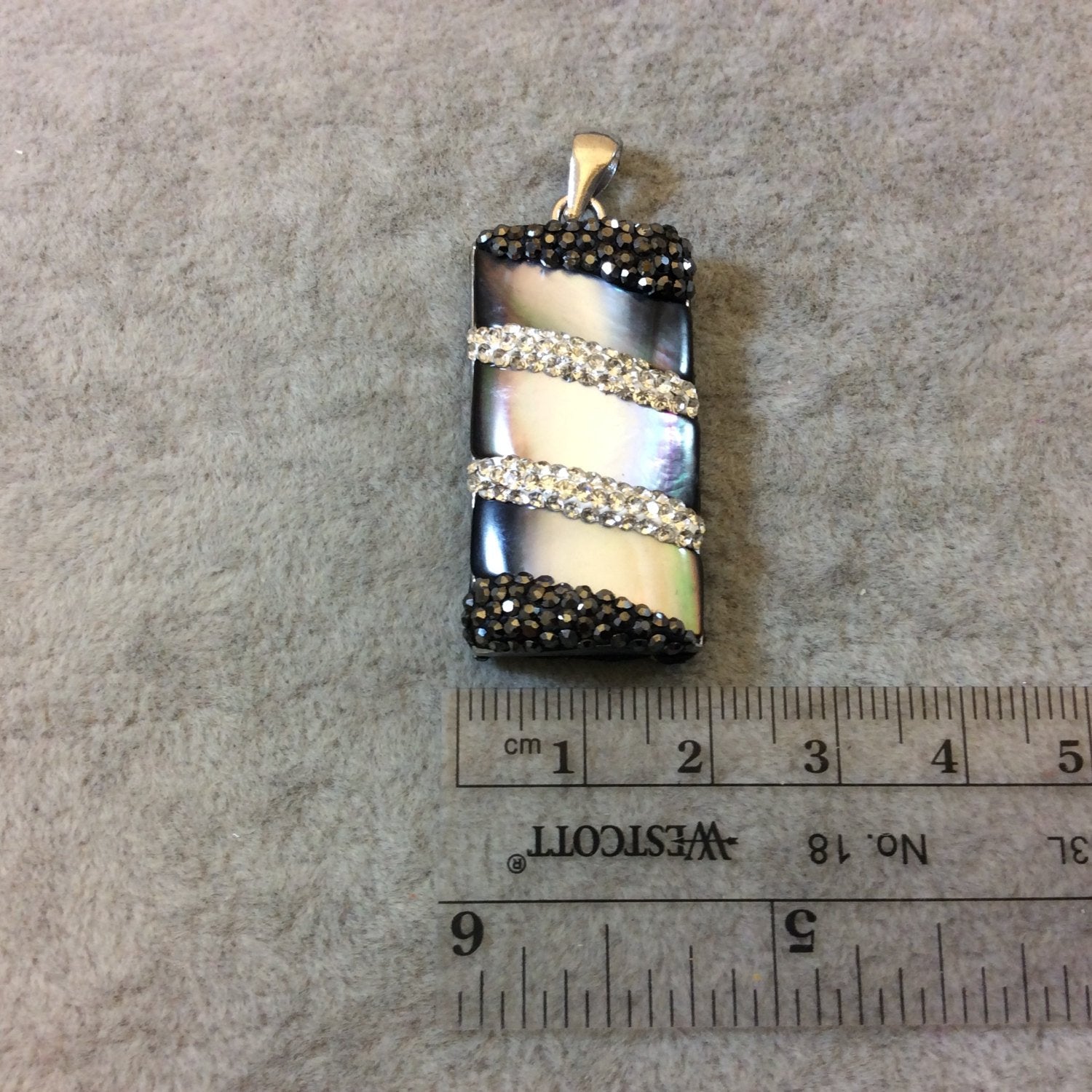 Rhinestone Encrusted Rectangle Shaped Gray Rainbow Abalone Shell Pendant - Measuring 19mm x 35mm, Approximately - Sold Individually
