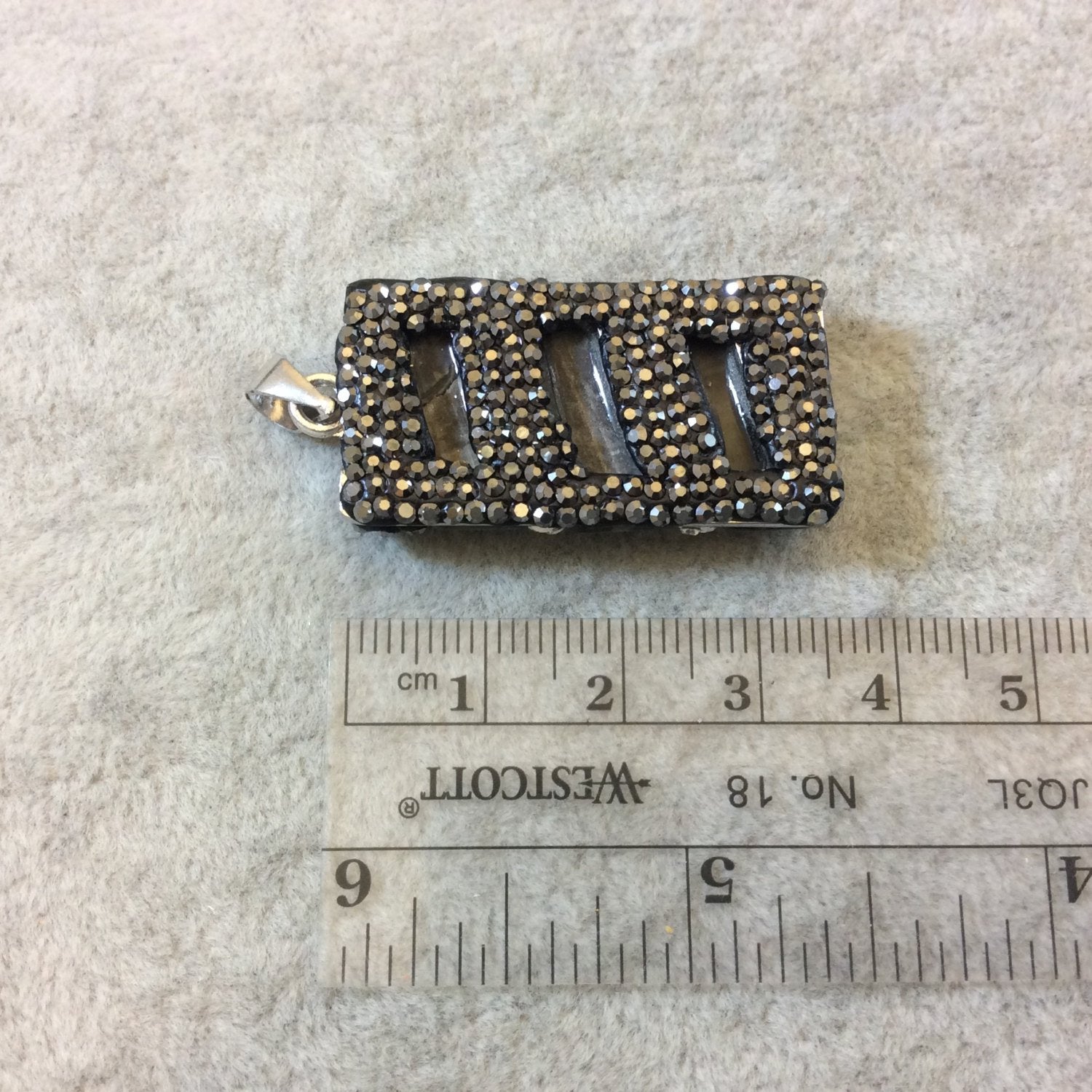 Rhinestone Encrusted Rectangle Shaped Gray Rainbow Abalone Shell Pendant - Measuring 19mm x 35mm, Approximately - Sold Individually