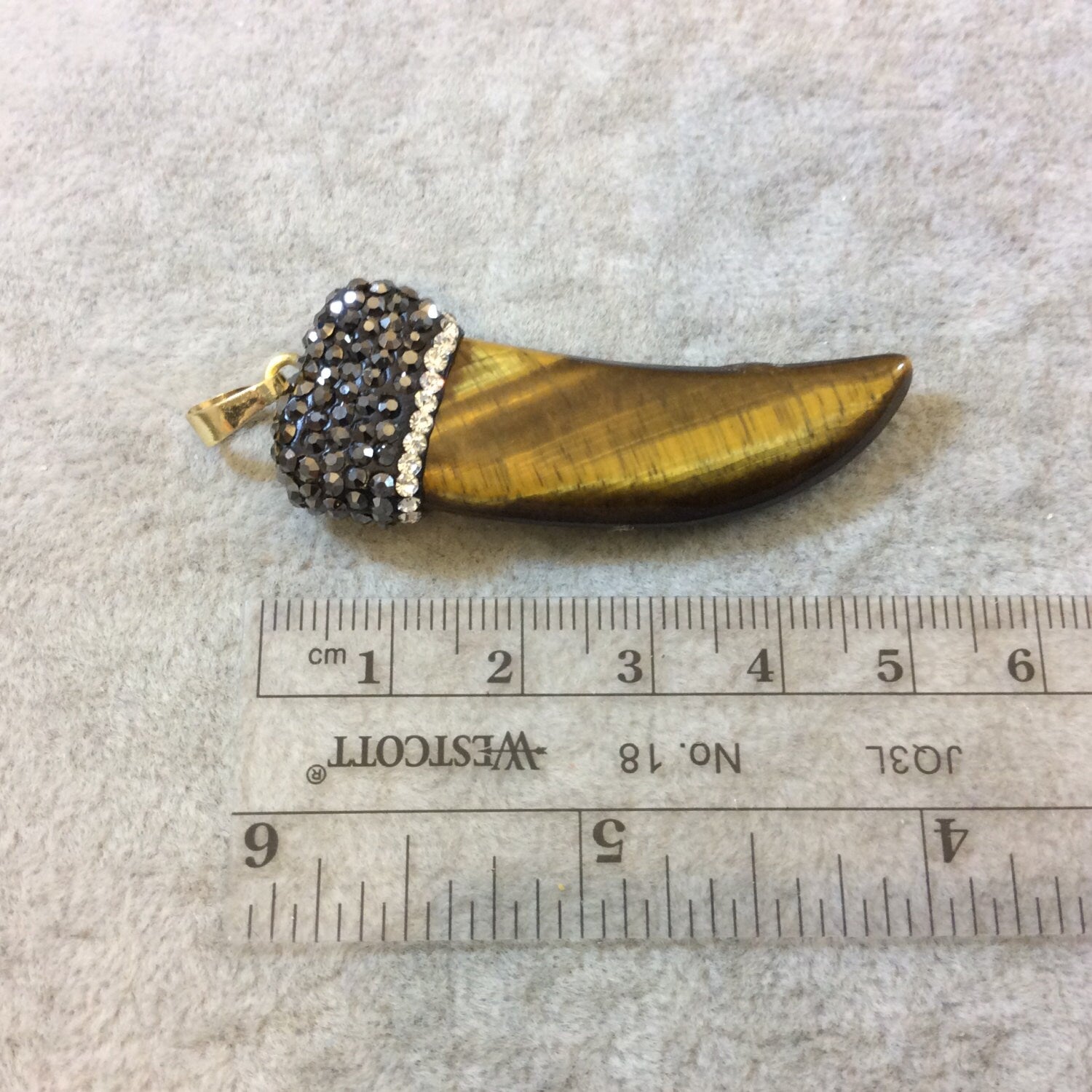 Rhinestone Encrusted Tusk/Claw Shape Tiger Eye Pendant with Attached Bail - Measuring 17mm x 50mm, Approx. - Sold Individually