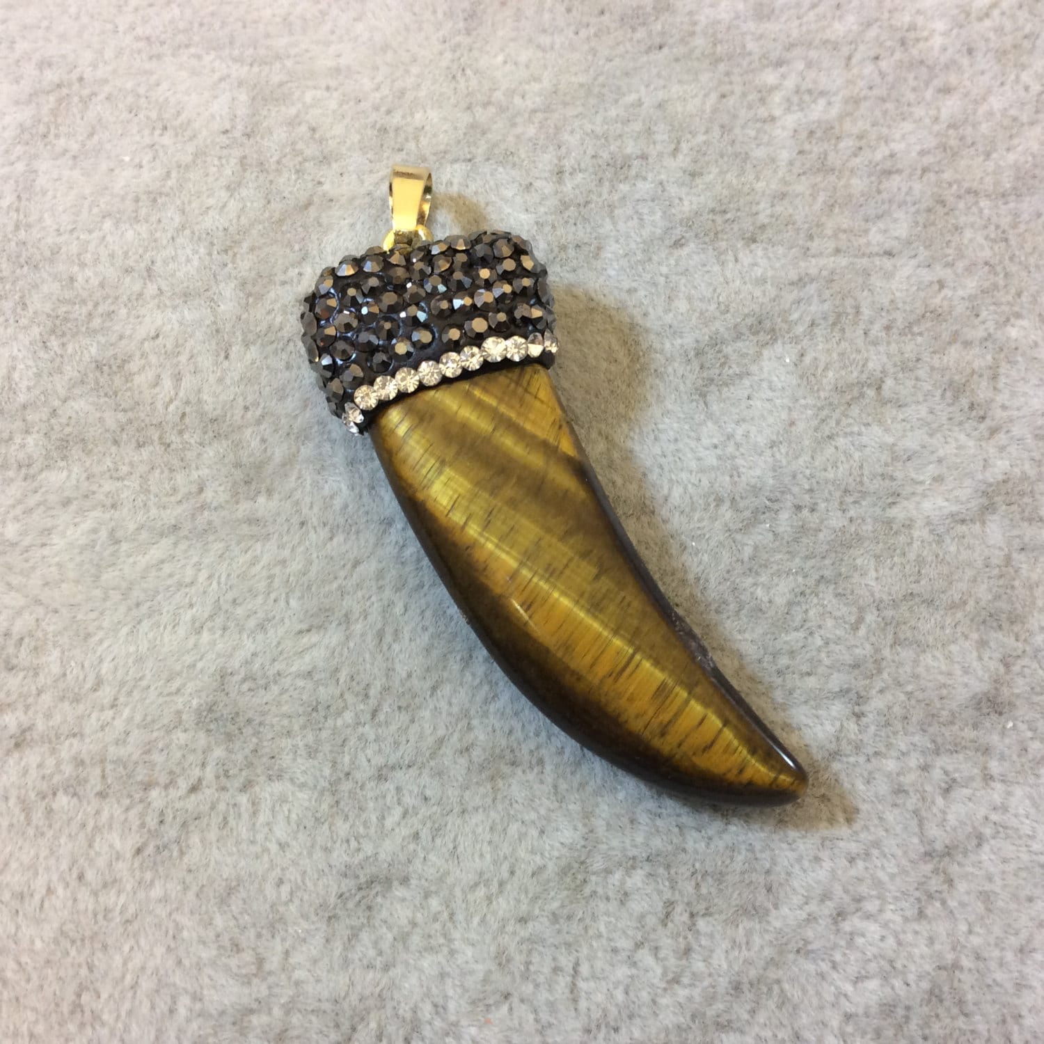 Rhinestone Encrusted Tusk/Claw Shape Tiger Eye Pendant with Attached Bail - Measuring 17mm x 50mm, Approx. - Sold Individually