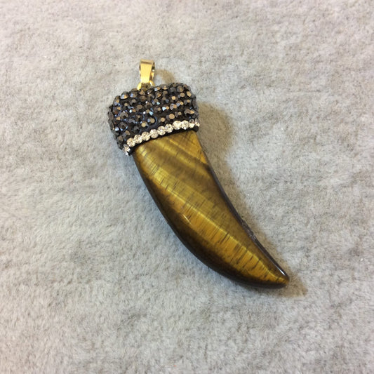 Rhinestone Encrusted Tusk/Claw Shape Tiger Eye Pendant with Attached Bail - Measuring 17mm x 50mm, Approx. - Sold Individually