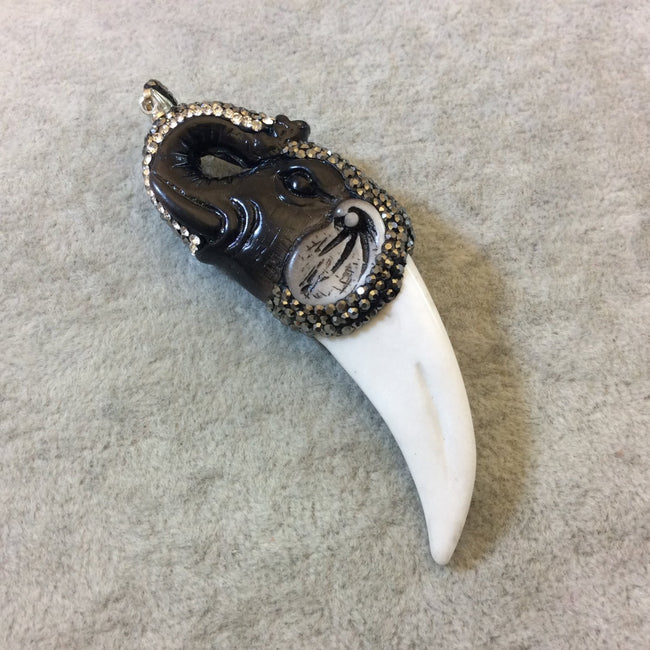 Rhinestone Encrusted Elephant Head Capped Resin Fang/Tooth Shaped Pendant - Measuring 24mm x 74mm, Approx. - Sold Individually