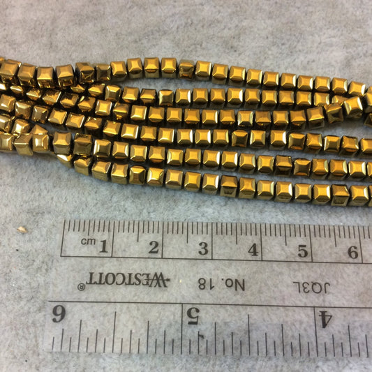 4mm Faceted Deep Golden Finish Hematite Puffy Cube Shaped Beads - 16" Strand (Approximately 106 Beads) - Natural Semi-Precious Gemstone