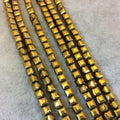 4mm Faceted Deep Golden Finish Hematite Puffy Cube Shaped Beads - 16" Strand (Approximately 106 Beads) - Natural Semi-Precious Gemstone