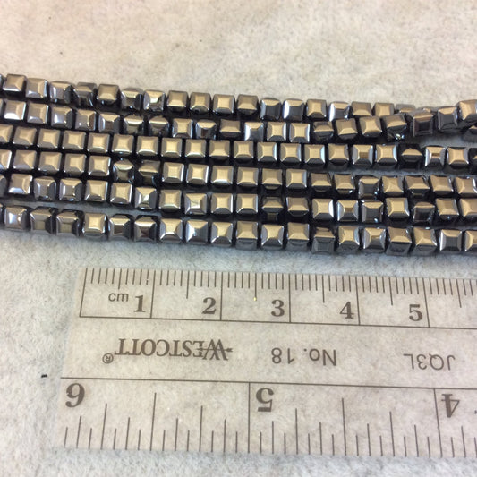 4mm Faceted Gunmetal Finish Hematite Puffy Cube Shaped Beads - 16" Strand (Approximately 106 Beads) - Natural Semi-Precious Gemstone