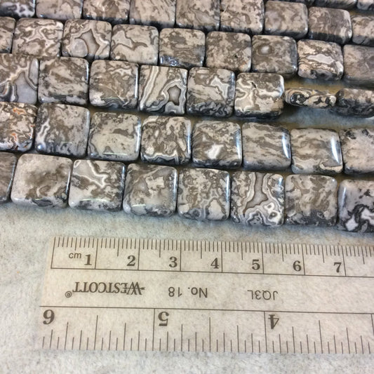 14mm Smooth Square Shaped Gray Leopard Jasper Beads with 1mm Holes - 16" Strand (Approx. 31 Beads) - Natural Semi-Precious Gemstone Beads