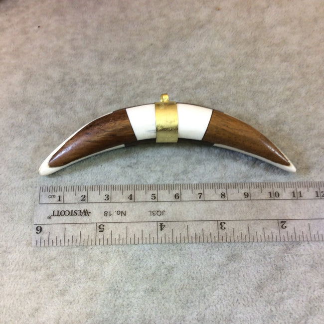 4.25" White/Brown Bicolor Thick Banana Crescent Shaped Natural Bone/Wood Pendant with Gold Bail - Measuring 17mm x 110mm - (TR115)