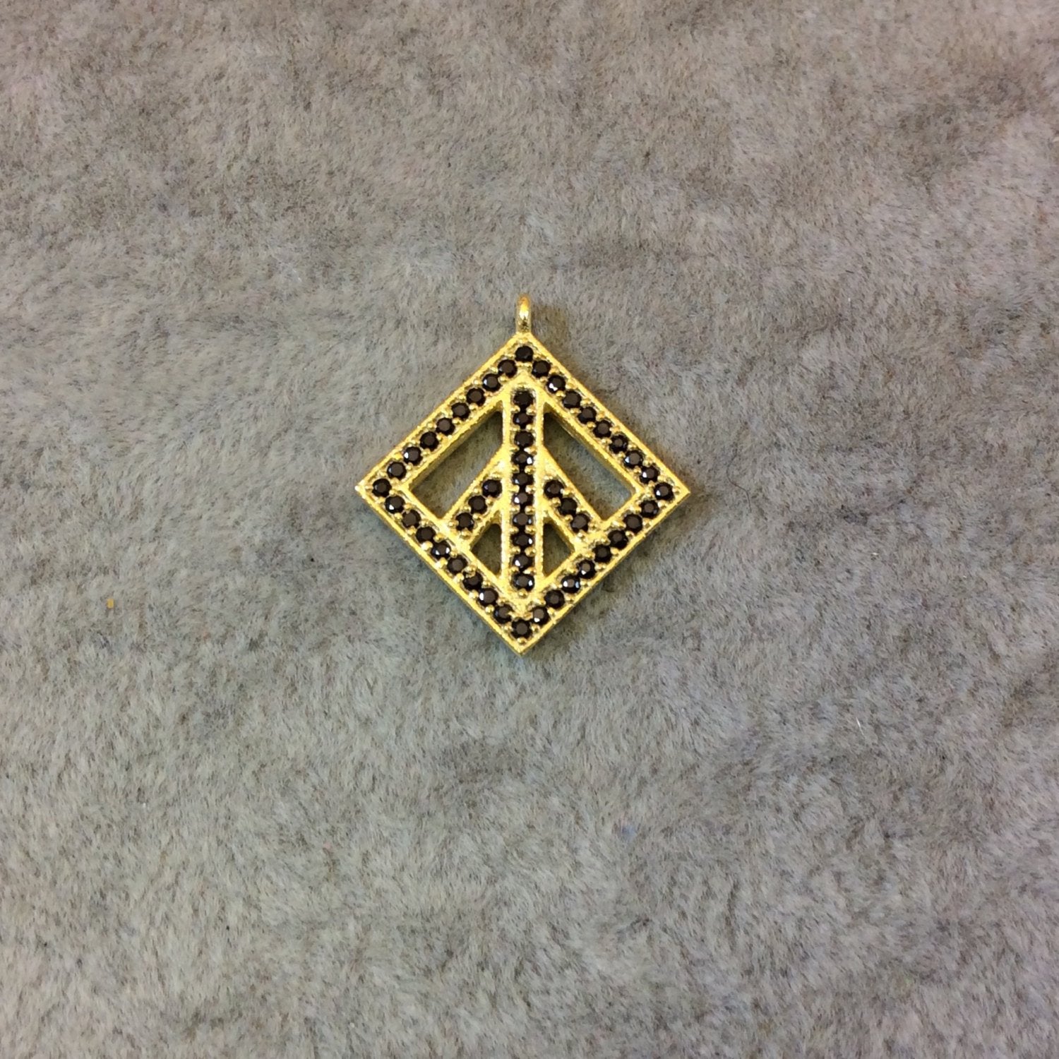 Gold Finish Peace Sign Shaped CZ Cubic Zirconia Inlaid Plated Copper Pendant Component - Measuring 19mm x 19mm  - Sold Individually