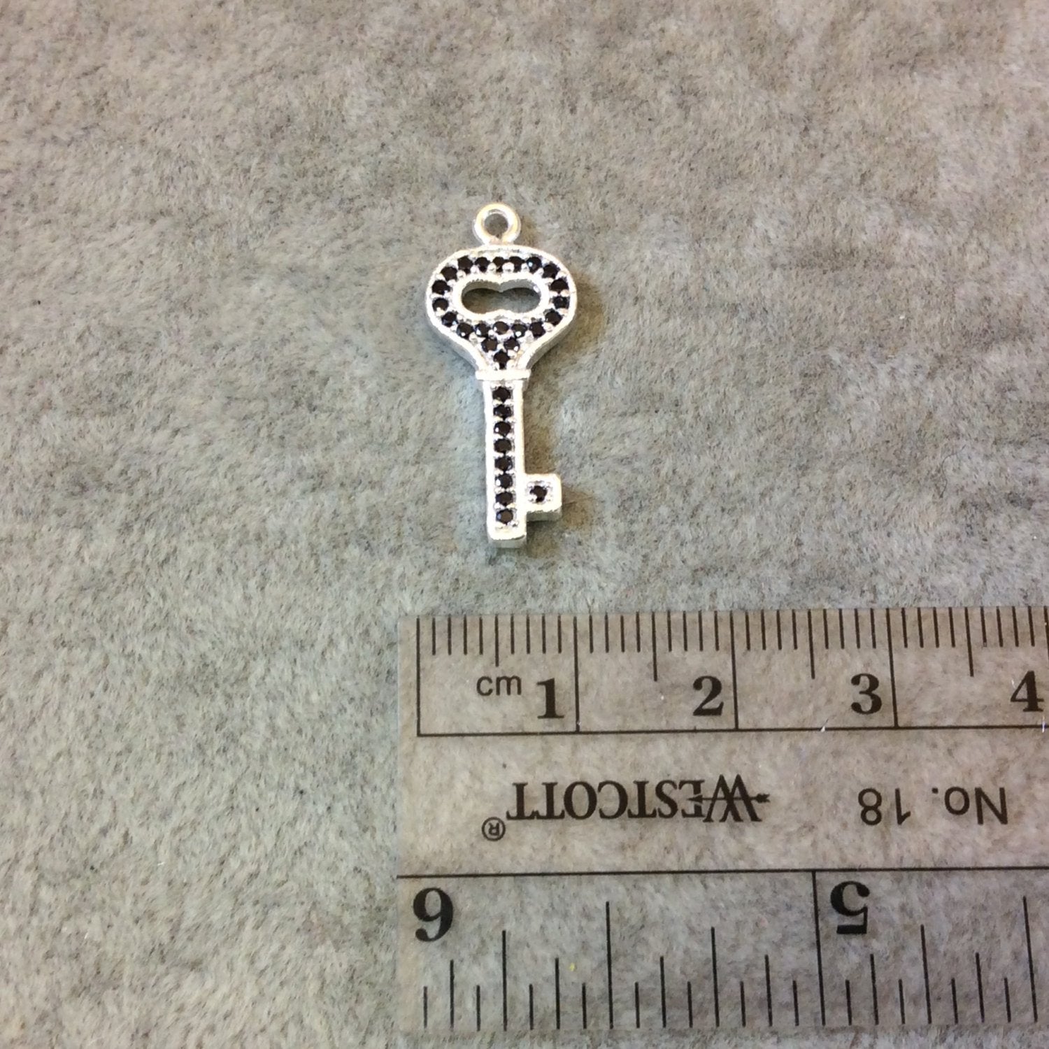 Silver Finish Key Shaped Black CZ Cubic Zirconia Inlaid Plated Copper Pendant Component - Measuring 10mm x 20mm  - Sold Individually