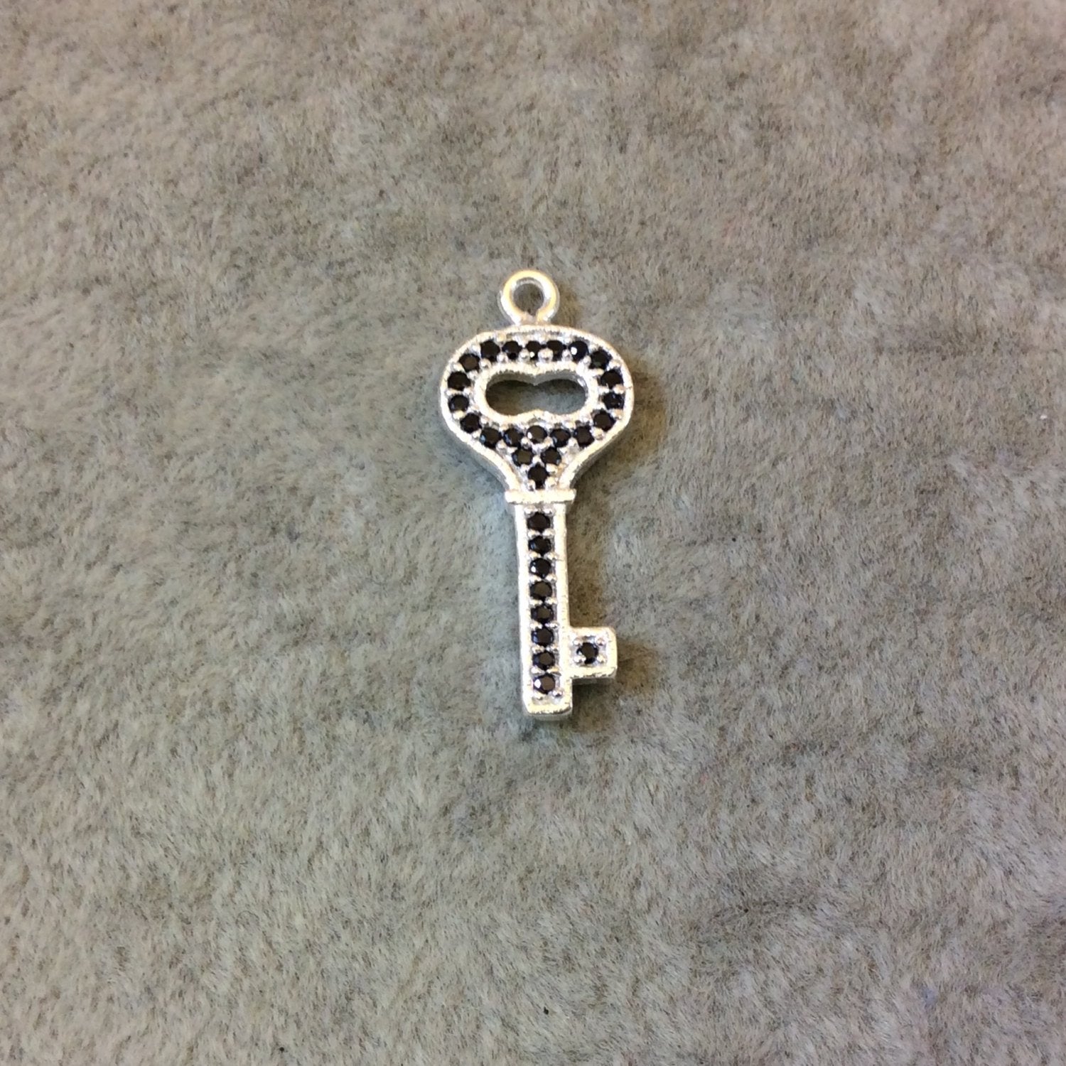 Silver Finish Key Shaped Black CZ Cubic Zirconia Inlaid Plated Copper Pendant Component - Measuring 10mm x 20mm  - Sold Individually