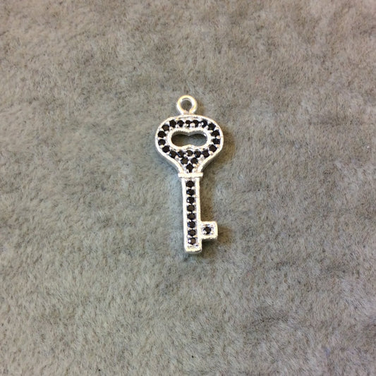 Silver Finish Key Shaped Black CZ Cubic Zirconia Inlaid Plated Copper Pendant Component - Measuring 10mm x 20mm  - Sold Individually