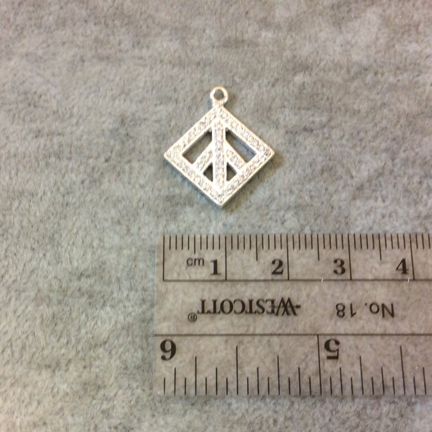 Silver Finish Peace Sign Shaped CZ Cubic Zirconia Inlaid Plated Copper Pendant Component - Measuring 19mm x 19mm  - Sold Individually
