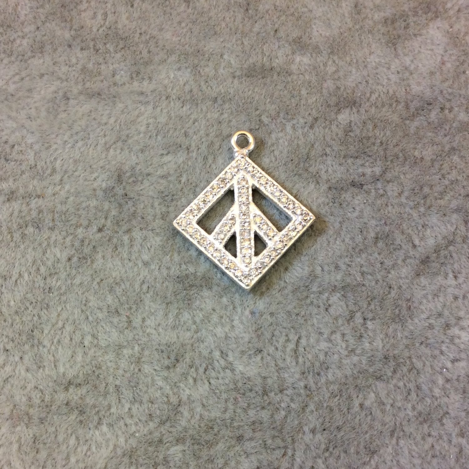 Silver Finish Peace Sign Shaped CZ Cubic Zirconia Inlaid Plated Copper Pendant Component - Measuring 19mm x 19mm  - Sold Individually