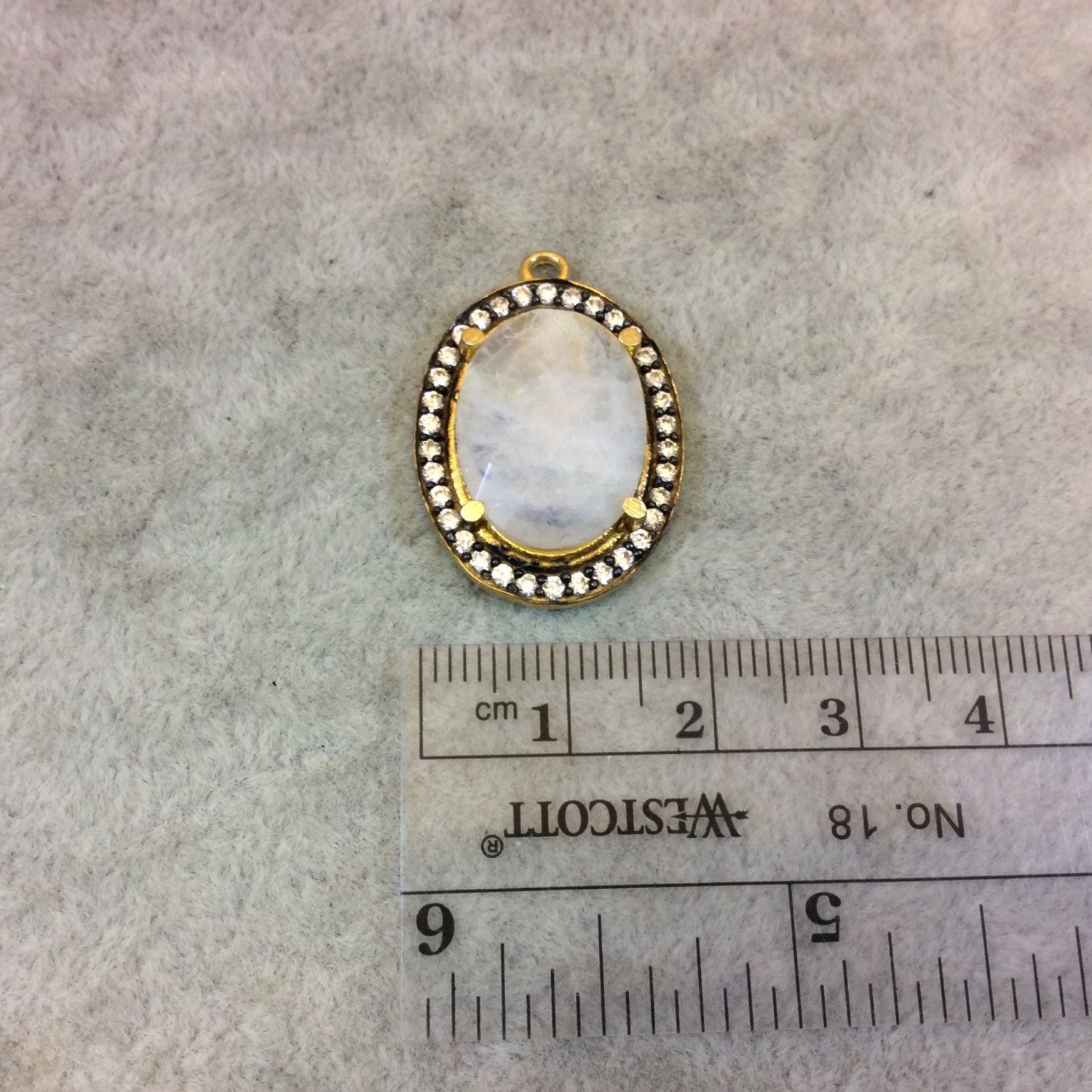 Gold Finish Faceted CZ Rimmed Natural Moonstone Oval Shaped Bezel Pendant Component - Measures 19mm x 25mm - Sold Individually, Random