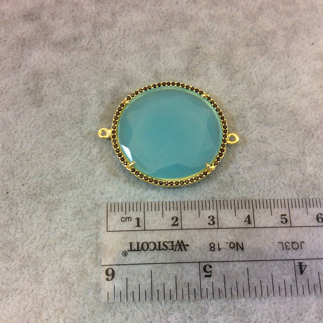 Gold Finish Faceted CZ Rimmed Aqua Green Chalcedony Round Shaped Bezel Connector Component - Measures 31mm x 31mm - Sold Individually
