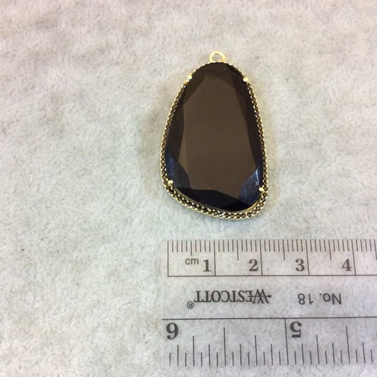 Gold Finish Faceted CZ Cubic Zirconia Rimmed Black Onyx Freeform Shaped Bezel Pendant Component - Measures 25mm x 38mm