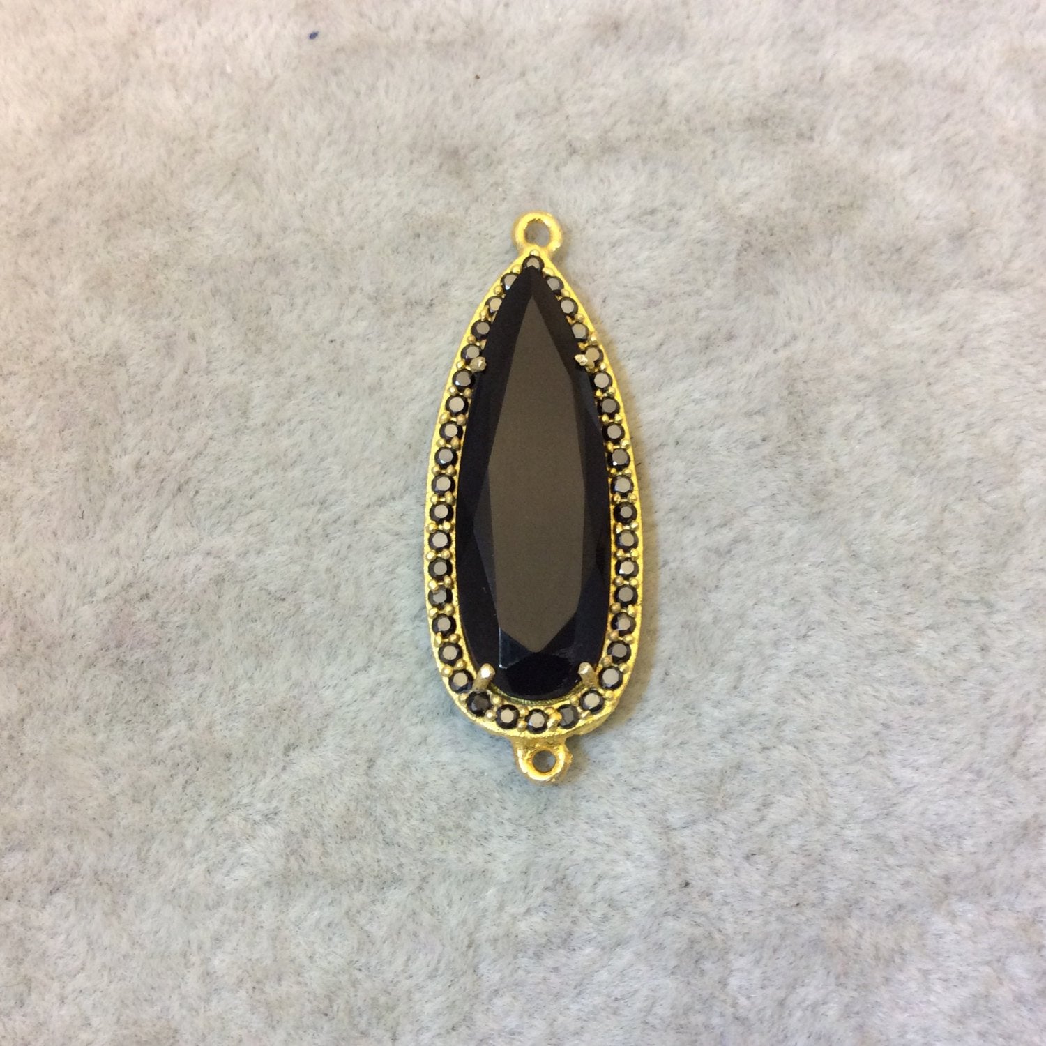 Gold Finish Faceted CZ Rimmed Black Onyx Teardrop Shaped Bezel Connector Component - Measures 14mm x 34mm - Sold Individually