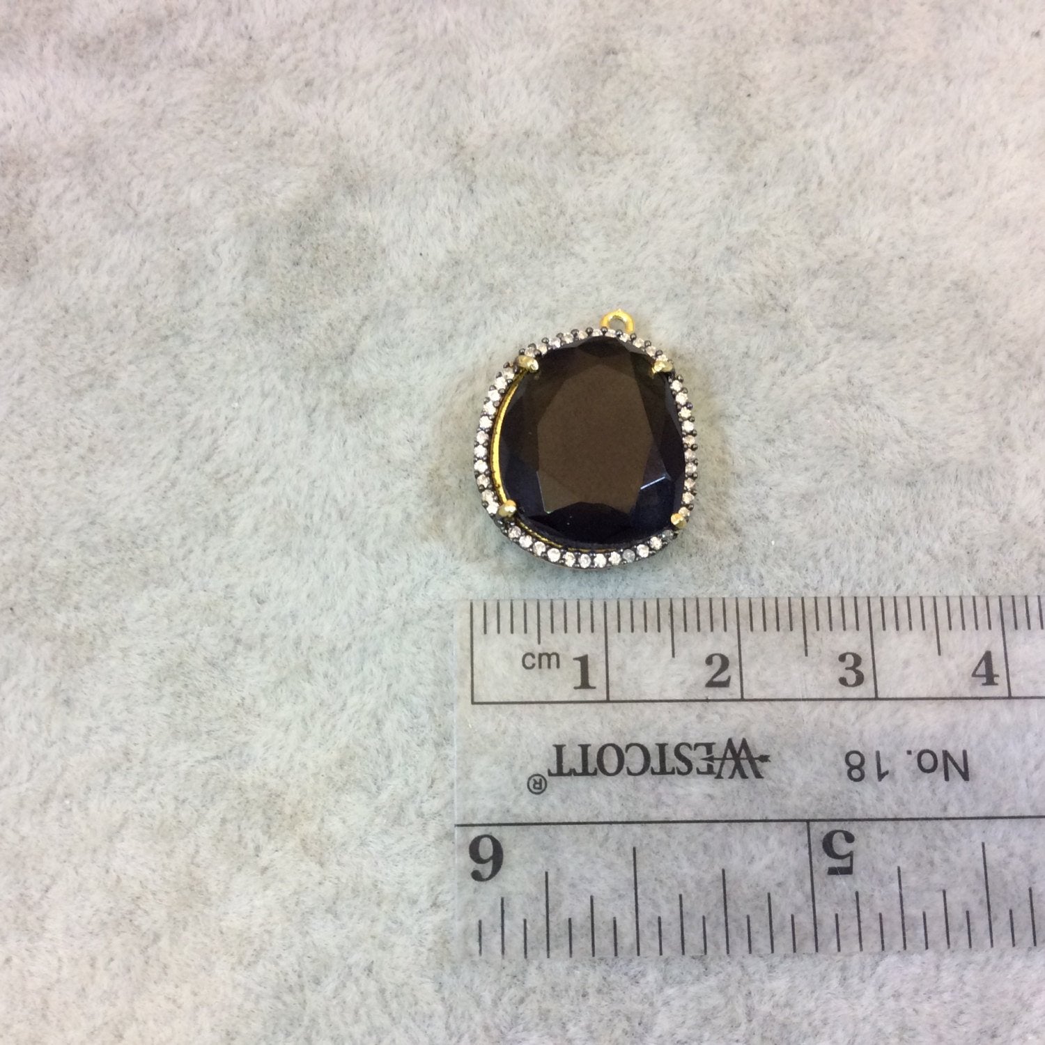 Gold Finish Faceted CZ Rimmed Transparent Smoky Quartz Freeform Pear Shaped Bezel Pendant - Measures 17mm x 18mm - Sold Individually